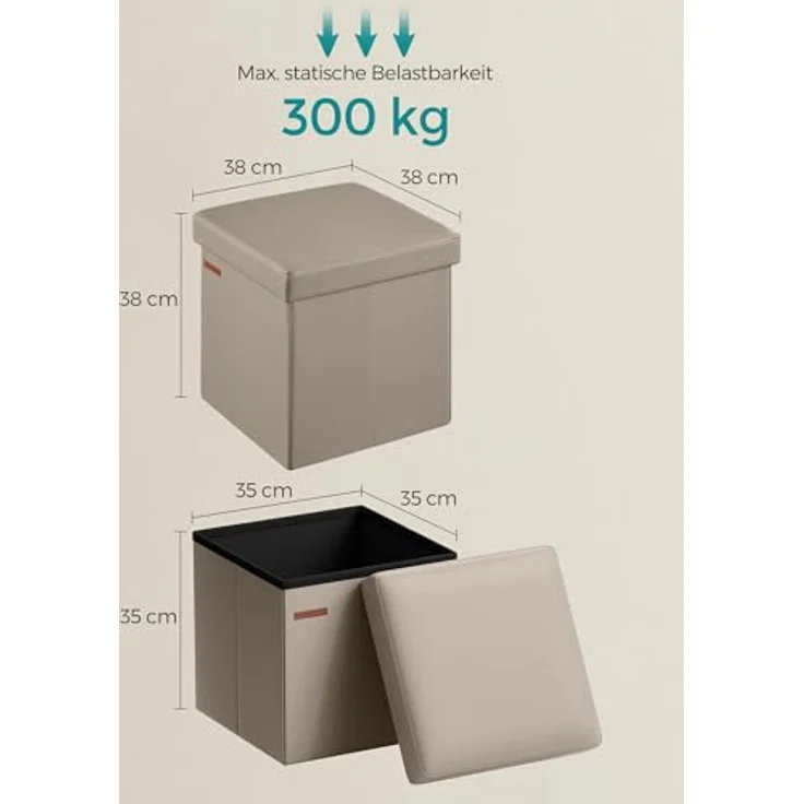 SONGMICS Sitzhocker 38 cm, Aufbewahrungsbox faltbar, Fußhocker mit Deckel, aus Kunstleder, bis 300 kg belastbar, für Eingang, Wohnzimmer, Schlafzimmer, Kamelbraun LSF010K03 – Bild 3