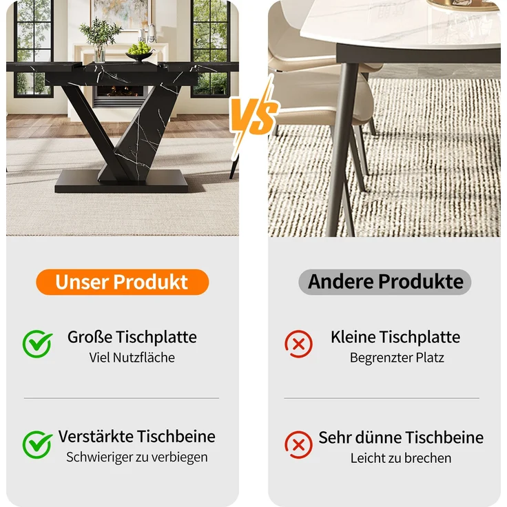 Esstisch ausziehbar 120–160x75x75,5 cm, stilvoller Tisch mit Marmor-Dekorplatte, stabilem Metallrahmen für Küche & Wohnzimmer, 75.5cmx120-160cmx75cm, Schwarz – Bild 8