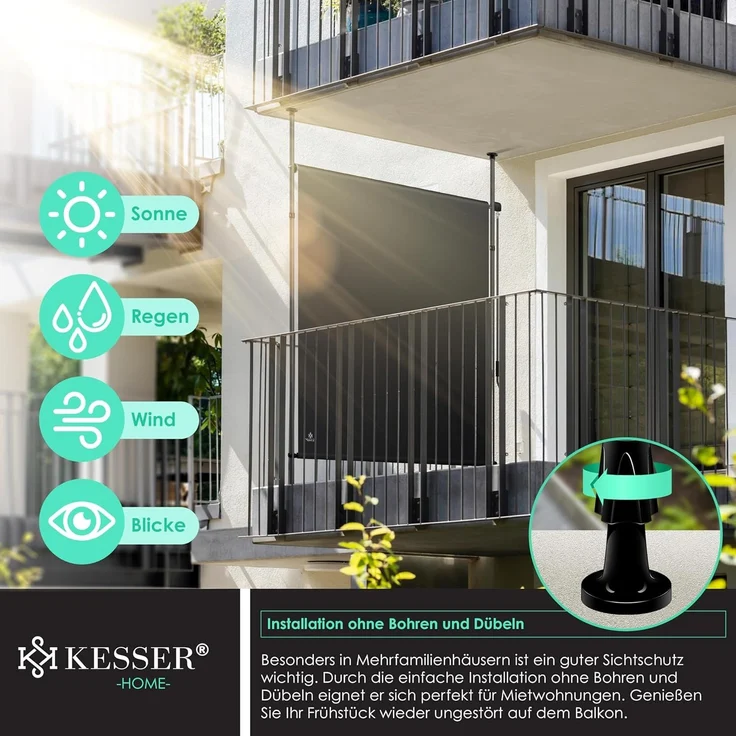 KESSER® Klemmmarkise Senkrechtmarkise außen Ausziehbar & Blickdicht | Vertikalmarkise mit Handkurbel ohne Bohren | Balkon-Sichtschutz & Windschutz für Garten & Terrasse Wasserfest Anthrazit, 100 x 310 cm – Bild 4