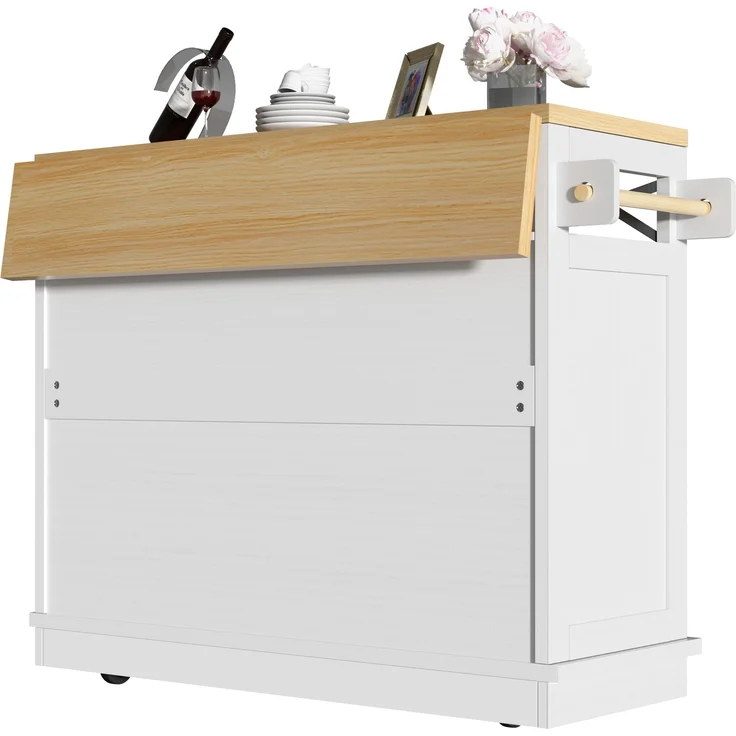 Kücheninsel 118x43-80x98 cm, weißer Küchenwagen mit klappbarer Holzoptik-Arbeitsplatte und Metallrahmen, 98cmx118cmx43-80cm – Bild 9