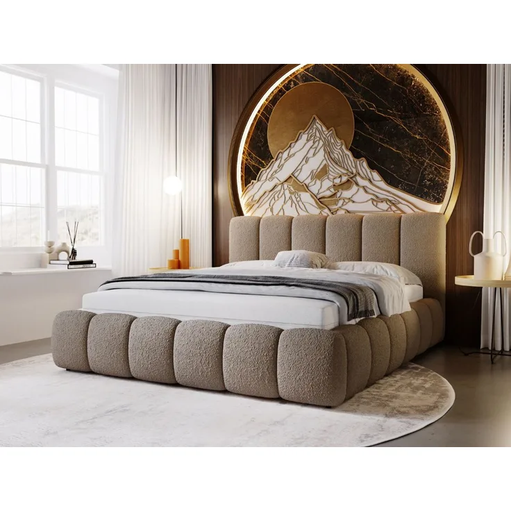 GRAINGOLD Cloud Bett 160x200, Polsterbett mit Bettkasten, Bouclé-Stoff, mit Kopfteil, Braun
