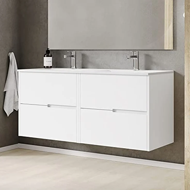 Baikal Gavin Badezimmermöbel mit Waschbecken und Spiegel mit LED-Beleuchtung, Vier Schubladen, Nebraska-Optik, Melamin 16, einfach zu montieren, 16 mm, weiß, 120 X 46 X 56 – Bild 3
