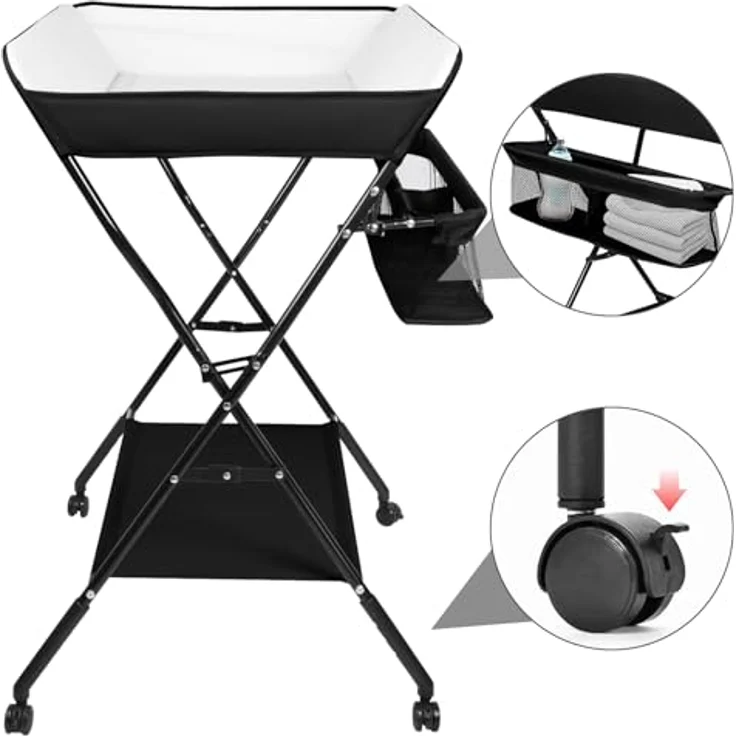 Wickeltisch - höhenverstellbare Wickelkommode für Unterwegs, hochwertige Stoffqualität, Klappwickeltisch mit Rollen und Stauraum, Reisewickelkommode Mit Rollen-86 * 62 * 96 cm-schwarz – Bild 6