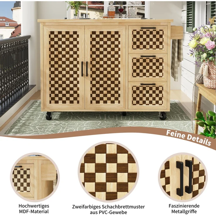 Merax Kücheninsel, Schrank, Buffetschrank, ausziehbarer Küchenwagen mit Rollen, mit Handtuchhalter, Türfachregal, zwei Türen, drei Schubladen, Schachbrettmuster, Holzmaserung – Bild 6
