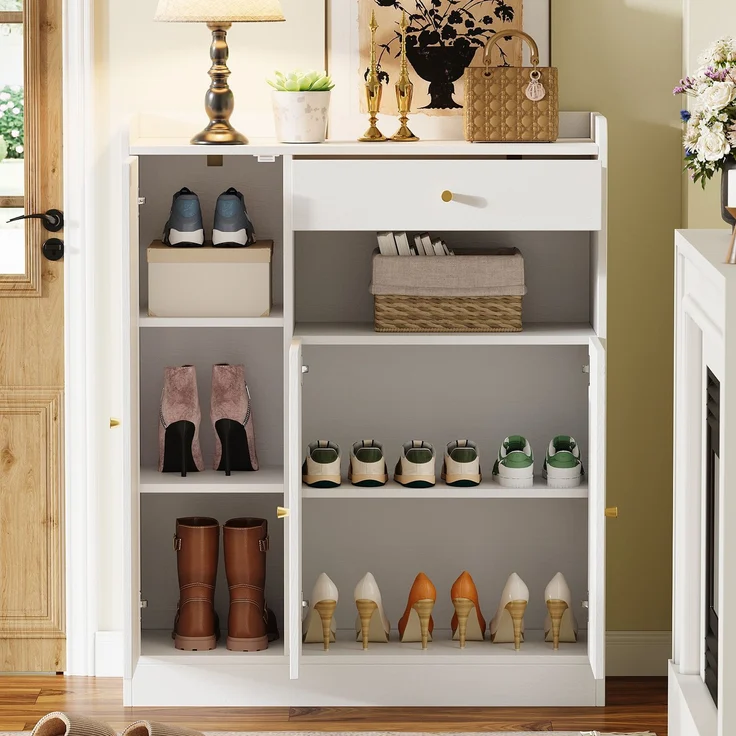Rattan Schuhschrank / Aufbewahrungsschrank mit Stauraum, 1 Schublade, 3 Türen mit verstellbaren Regalen, für Eingangsbereich, Esszimmer und Flur, Weiß + Holz, Maße: 90 x 35 x 110 cm--Weiß+Natur--90x35x110cm--YOUDENOVA – Bild 5