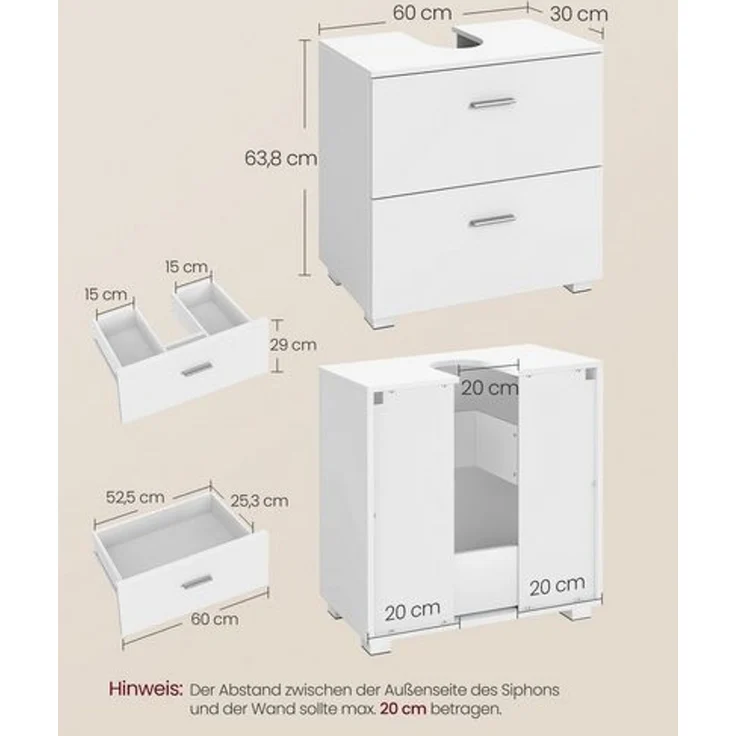 VASAGLE Unterschrank mit Schubladen, Badschrank mit hohen Füßen, Aufbewahrungsschrank, 60 x 30 x 63,8 cm, weiß – Bild 5