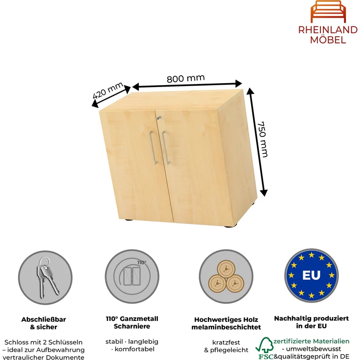 Rheinland Möbel Flügeltürenschrank Cabino 80×42×75 cm – abschließbarer Aktenschrank 2OH in Ahorn mit 110° Drehtüren & Metallgriff – Bild 2