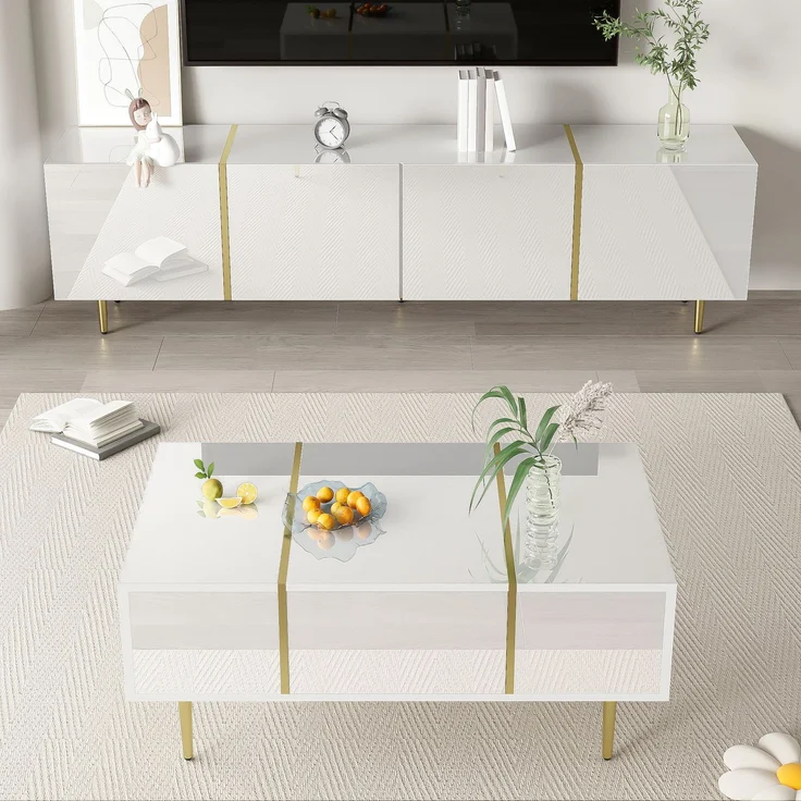 JARDJ Moderner Hochglanz-Weiß TV-Schrank und Couchtisch Set – Bild 5