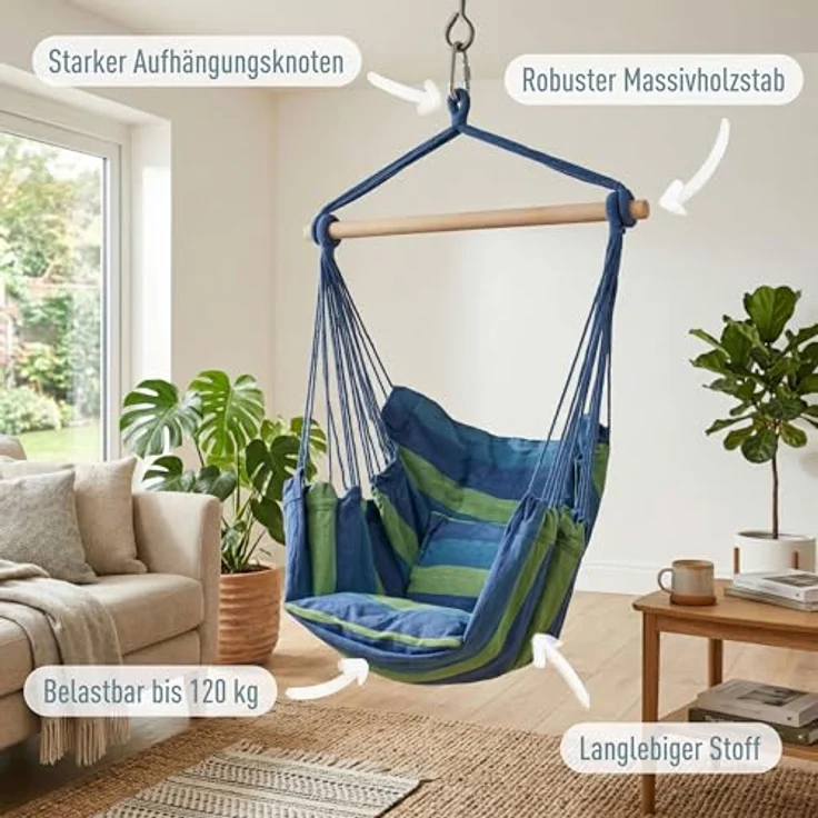 ib style Hängematte Kalea Hängesessel Cappuccino, Hängestuhl mit 2 Kissen und Zubehör - bis 120kg belastbar – Bild 4