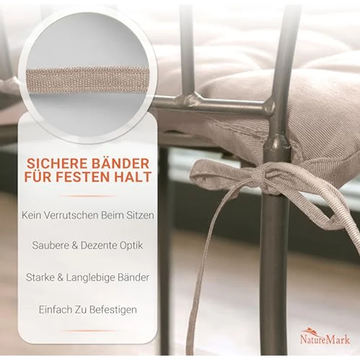 NatureMark 4er Set Stuhlkissen mit Bändern Gr. 40x40 cm Sitzkissen gefüllt, Sand/Beige – Bild 7