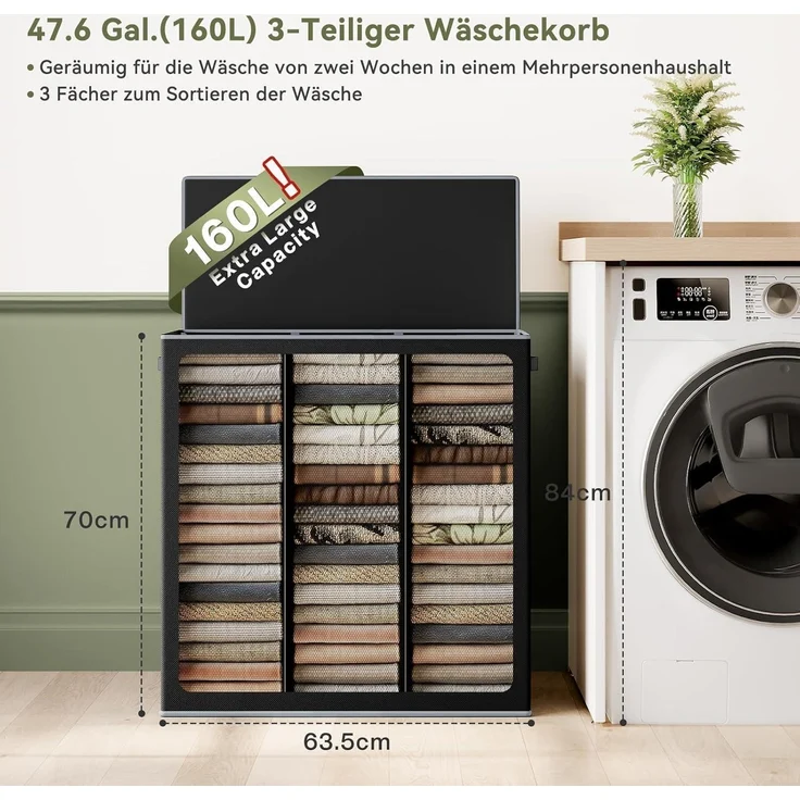 SOLEDI 160L Wäschekorb XXL mit Deckel und 3 Wäschesack – Bild 2