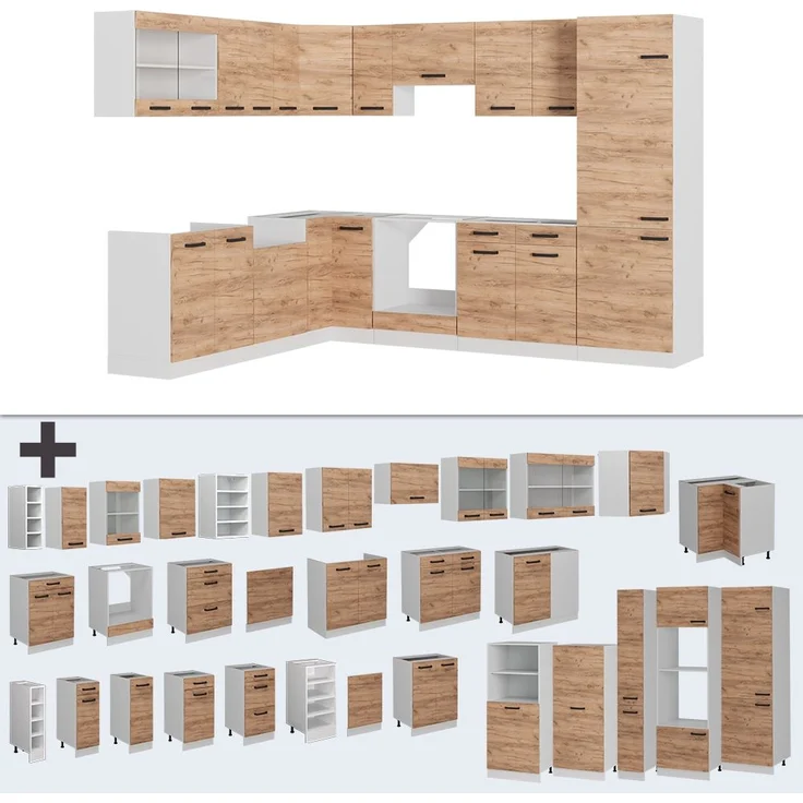 Eckküche R-Line Goldkraft Eiche/Weiß 287 x 46 cm ohne Arbeitsplatte Vicco – Bild 5