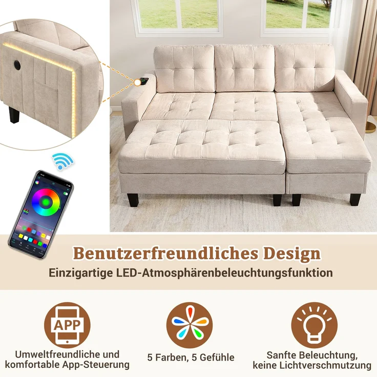 EINHOM L-Form Wohnzimmer-Sofagruppe: Mit extra großer beweglicher Fußbank + LED-Ambiente-Beleuchtung, Dreisitzer-L-Form-Sofa + Zweisitzer-Fußbank-Kombination, Modulares Sofa – Bild 6