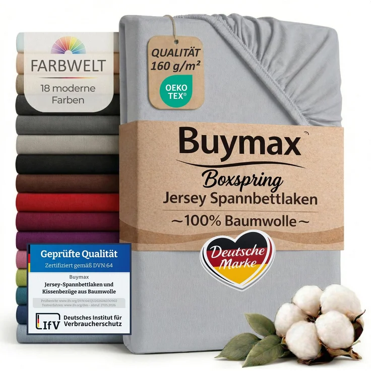 Buymax Spannbettlaken Boxspringbett 140x200-160x220 cm, 100% Baumwolle Jersey, 160 g/m², Oeko-TEX, für hohe Matratzen, Silber