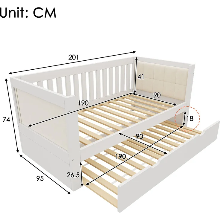 EINHOM Tagesbett 90x190 cm mit Ausziehbett 90x190 cm, Platzsparendes Design, Holz, Ideal für Kleine Apartments oder Gästezimmer, Lattenrost, Einfache Montage, Weiß, (Ohne Matratze) – Bild 6