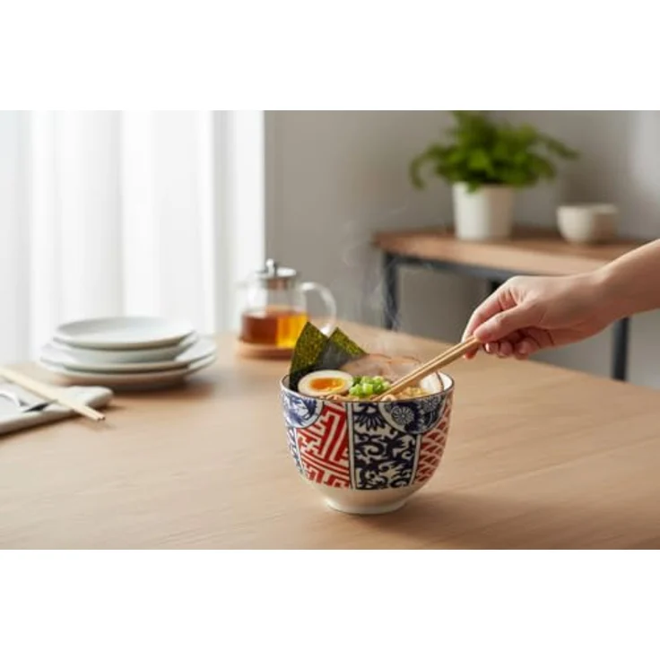 WestCraft Snackschale Soba-Bowls ASIATICA, Porzellan-Schale, Reis mit Stäbchenhalter Ø 13 cm, Porzellan, (3-tlg), Inkl. Essstäbchen - ideal für Soba, Ramen, Udon oder Reisgerichte. – Bild 3