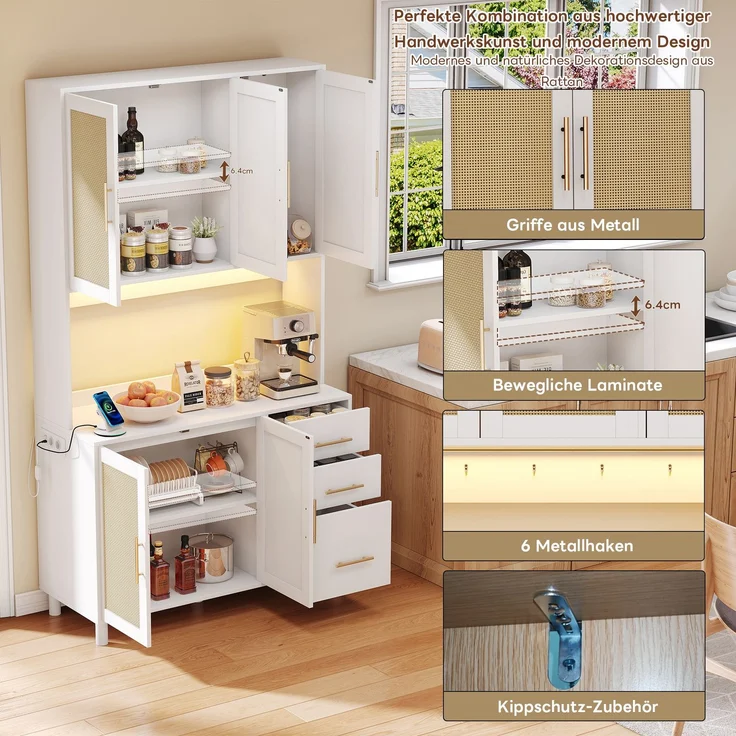 183cm Küchenanrichte, Buffet, App-gesteuerte LED-Deko-Lichter, 2 x USB, 2 x Steckdosen, verstellbare Einlegeböden, 3 Schubladen, goldene Metallgriffe, ideal für Küchen und Esszimmer. – Bild 4
