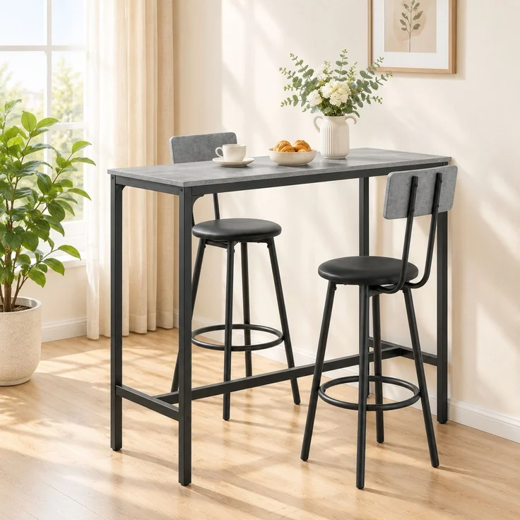 Bartisch-Set, 3-teilig mit 2 gepolsterten Barhockern, 100x40x90,5 cm, Grau – Bild 1