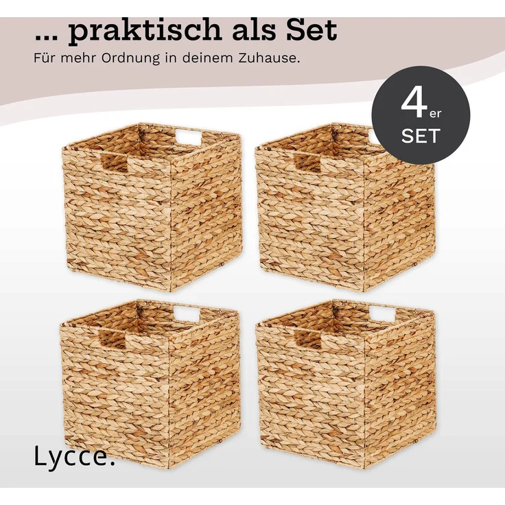 Lycce Aufbewahrungskorb - Korb geflochten aus Wasserhyazinthe, passend für Kallax Regal, faltbar, Naturprodukt, 33x33x33 cm Natur 3 OS - 4er Set – Bild 5
