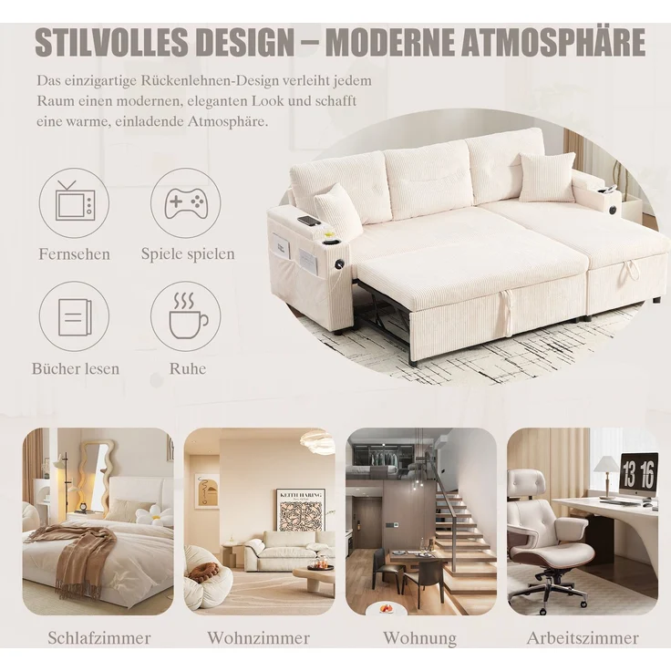 LVHOM Ecksofa mit Schlaffunktion L-Form, Schlafsofa mit Bettkasten, Loungesofa mit USB-C-Anschluss, Seitentaschen und Becherhaltern, Polstersofa aus Cord, Bettsofa ausziehbar 3 Sitzer – Bild 9