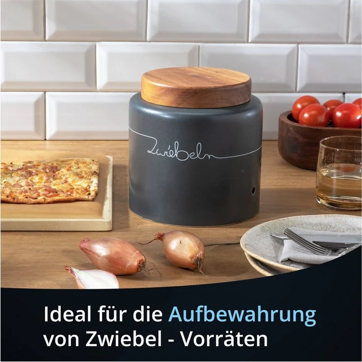 KHG Zwiebel Aufbewahrung Keramik Steingut poliert Anthrazit Grau Holz-Deckel Bambus Kapazität 3,2 Liter oder 500 g Zwiebeln, Zwiebeldose rund, Beschriftung, Zwiebel-Vorratsdose Höhe 17 cm & 16,5 cm – Bild 1