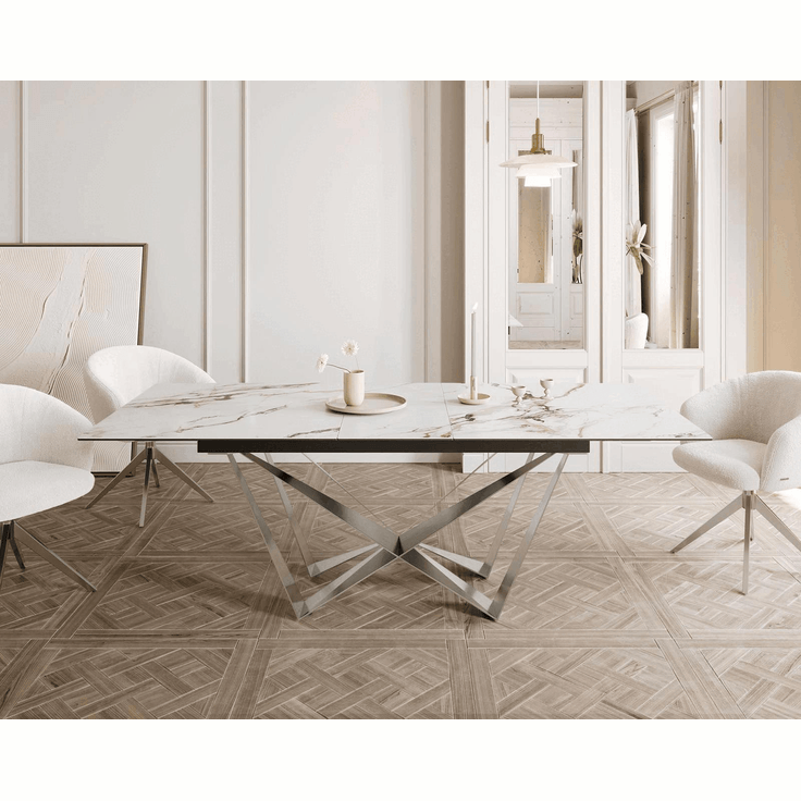 Esstisch Edge 180-220x100 Keramik Calacatta Luxe Weiß-Gold-Grau Spider Flachstahl Edelstahl ausziehbar – Bild 2