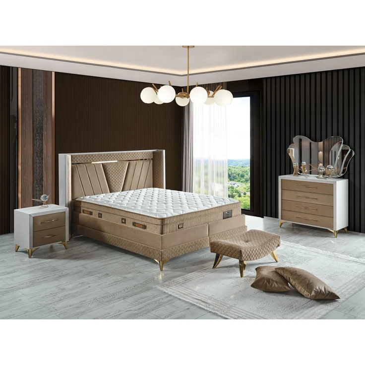 Schlafzimmer-Set "Elvina" – Bett mit Bettkasten mit Matratze, Nachttisch, Kommode, Bettbank-Braun – Bild 2
