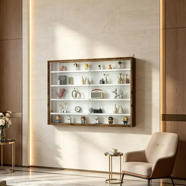 Dekorative Wandvitrine für Sammlerstücke, 5 höhenverstellbare Einlegeböden & 2 Schiebetüren(nur mit Wandbildschirm)--Braun + Weiß--80x9.5x60cm--YOUDENOVA – Bild 5