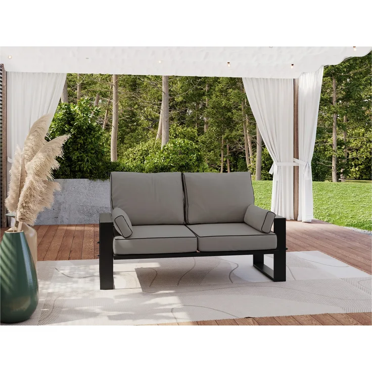 Outdoor 2-Sitzer Gartensofa, schwarze Metallbeine, Gartensofa für die Terrasse - ELBA S2 - grau