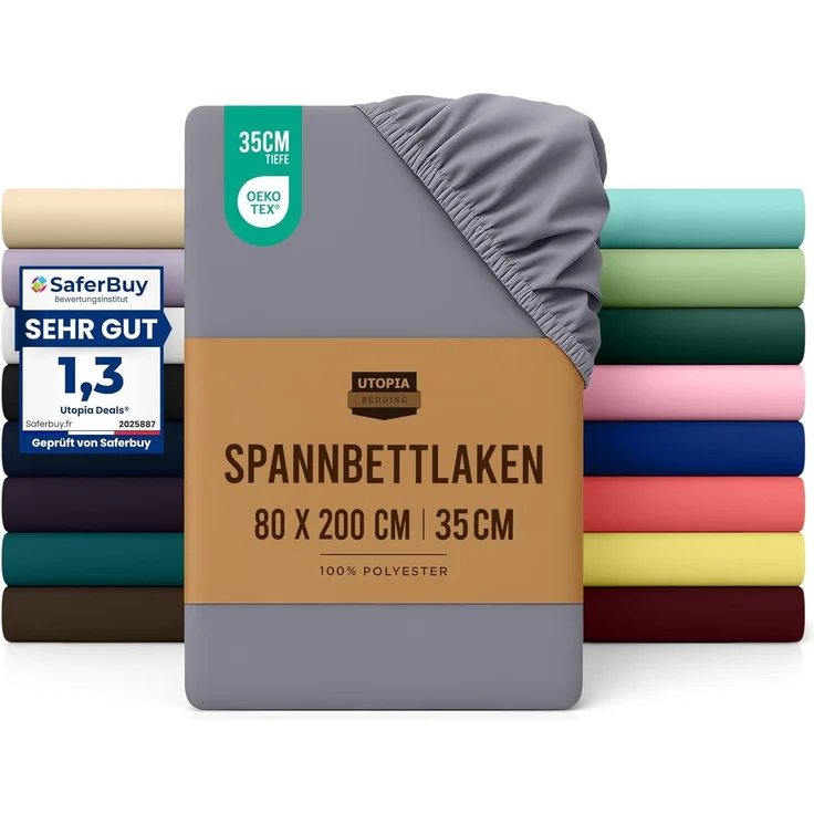 Utopia Bedding - Spannbettlaken 80x200 cm - Grau - Oeko-Tex Zertifiziertes Gebürstete Mikrofaser Spannbetttuch - 35 cm Tiefe Tasche – Bild 1