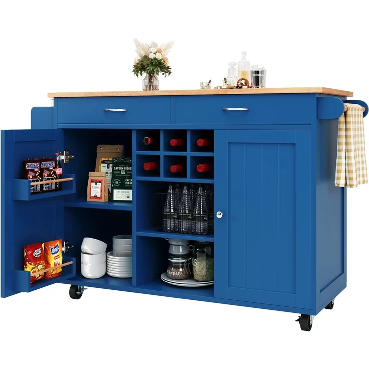Blauer Küchenwagen mit klappbarem Arbeitsbereich, multifunktionale Kücheninsel, MDF-Tischplatte in Holzmaserung, Zinkgriffe, Weinablage, 360°-Lenkrollen, 92cmx102cmx45cm – Bild 8