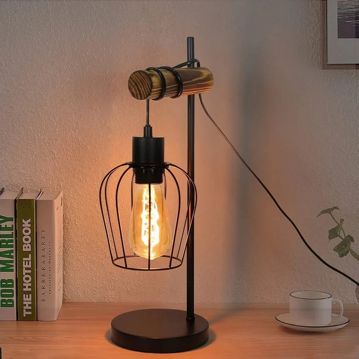 Nettlife Tischleuchte Holz Vintage E27 Tischlampe 1 flammig Nachttischlampe Landhausstil, mit Kippschalter, LED wechselbar, Wohnzimmer Schlafzimmer Kinderzimmer Esszimmer – Bild 1