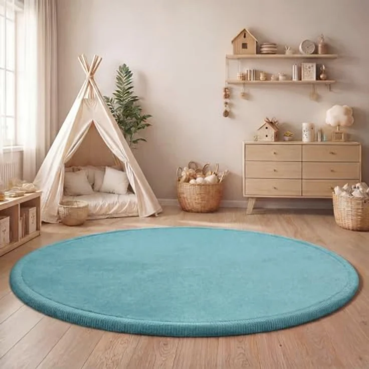 Paco Home Teppich Kinderzimmer Kinderteppich Baby Spielteppich Krabbeldecke Krabbelmatte Weich rutschfest Jungen Mädchen Deko, Grösse:120 cm Rund, Farbe:Blau – Bild 2