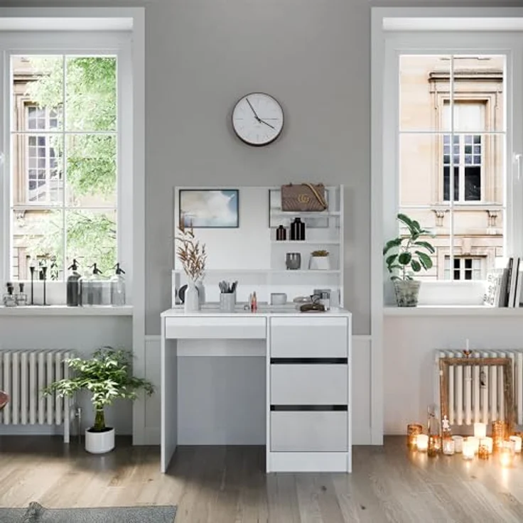 Vicco Schminktisch Sherry, Weiß Hochglanz, mit Spiegelregal, 4 Schubladen, 9 Fächer, 90x75x40 cm – Bild 1