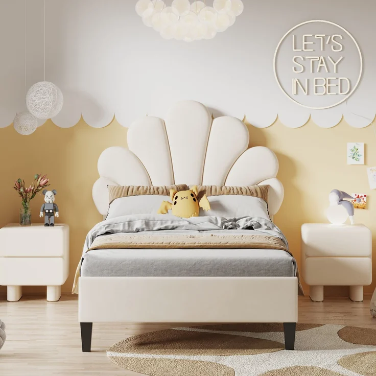 Polsterbett Kinderbett 90x200 cm, Bettgestell mit Kopfteil in Blumenform und Lattenrost, Teenie-Mädchenbett in hautfreundlichem Samtstoff, Gästebett (Farbe: Beige) – Bild 1