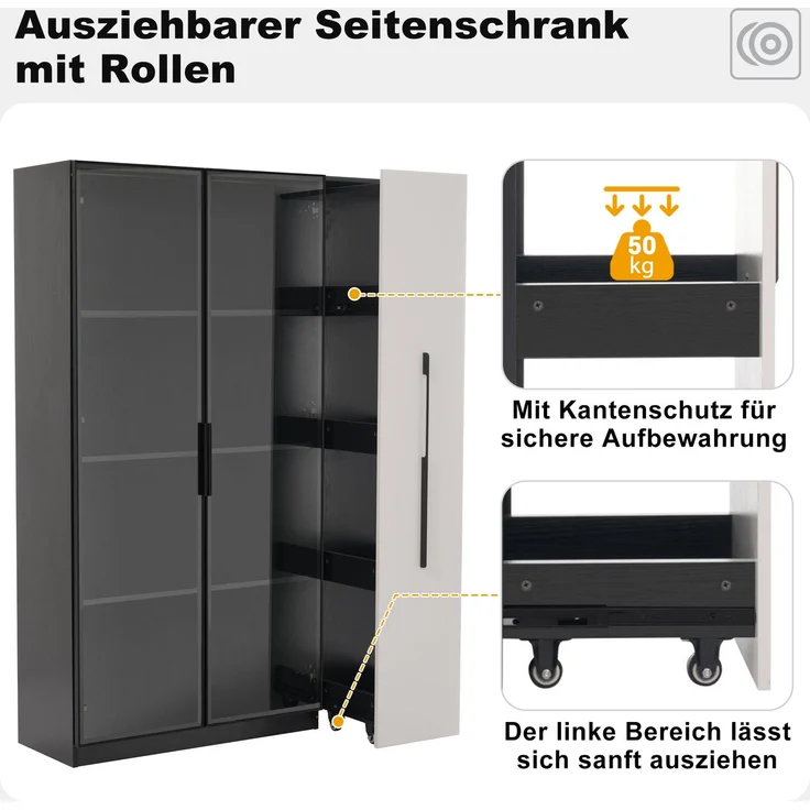Flieks LED Vitrinenschrank 110.5×35×160 cm, Multifunktionsschrank mit Glasvitrine, Bücherregal & Aufbewahrungsschrank, Rollschrank schwarz & weiß – Bild 6