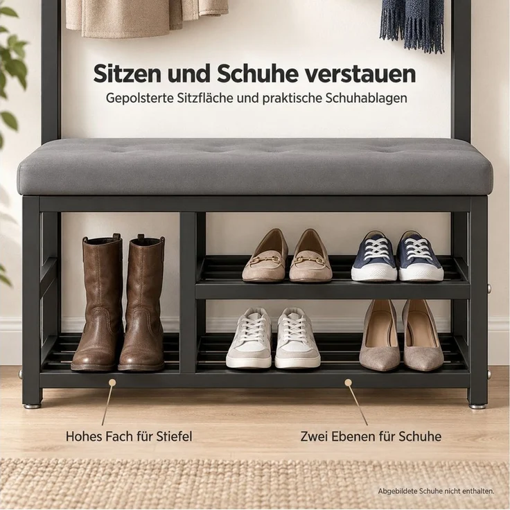 Fyrove Garderobenständer Garderobe Flur mit Schuhregal, Sitzbank und 9 Haken für Kleidung, (Schuhregal,Garderobe), flurgarderobe, garderobe flur – Bild 4