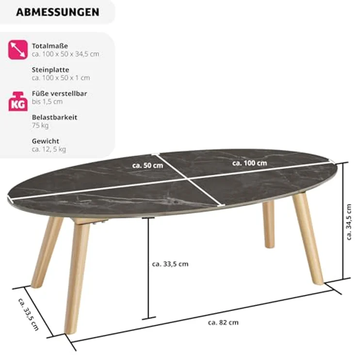tectake Couchtisch Acerra, oval, Steinplatte in Marmoroptik, 100x50x34.5 cm, für Wohnzimmer und Terrasse – Bild 2