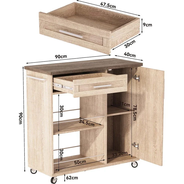 Küchenwagen 90 x 62 x 90 cm mit Schublade, Schrank, 2 offenen Regalen, Handtuchhalter, feststellbaren Rollen, Sonoma-Eiche – Bild 7