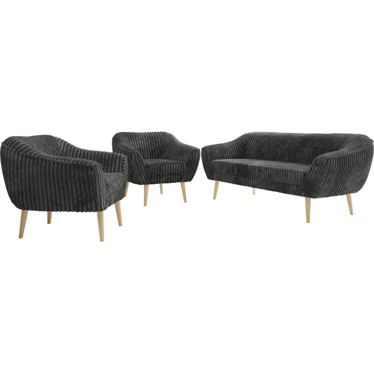 Wohnzimmerset PIRS 1-1-3, Skandinavisches 3-Sitzer Sofa mit Sesseln, Sofa mit Wellenfederung, Buche Füße, Skandinavisches Möbelset - Grau Cord – Bild 6