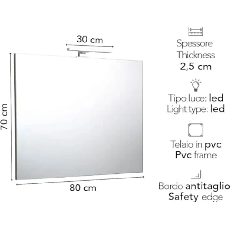 KIAMAMI VALENTINA Spiegel mit LED-Lampe, reversibel, 80x70 cm, grauer ABS-Rahmen und verchromte Lampe – Bild 2