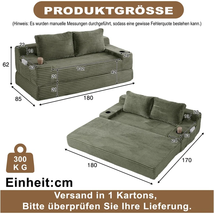 ZUBALIYA Sofa mit LED - Beleuchtung, mit Stauraum, mit Cordbezug, mit breiten Armlehnen, ohne aufwendige Montage – Bild 2