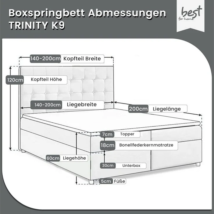 Best for Home Boxspringbett mit Bettkasten Trinity K-9 Bonellfederkern inkl. 7 cm Topper (140x200 160x200 180x200 200x200 cm), inkl. Lieferung bis in die Wohnung, TOP- Preis-Leistungs-Verhältnis – Bild 2