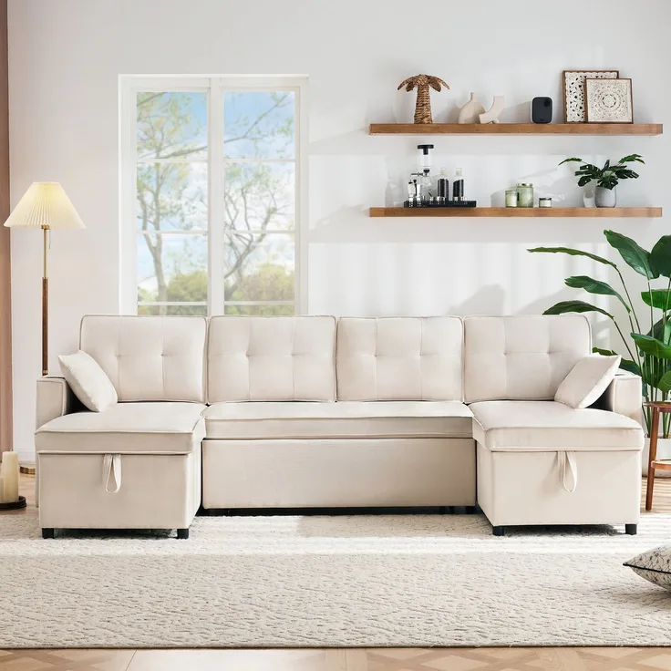 U-förmiges Schlafsofa Baumwoll-Leinen Beige, 270x130x86 cm, mit Stauraum & Getränkehalter