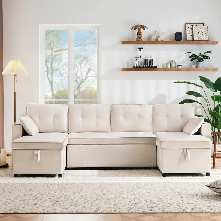 U-förmiges Schlafsofa Baumwoll-Leinen Beige, 270x130x86 cm, mit Stauraum & Getränkehalter – Bild 1