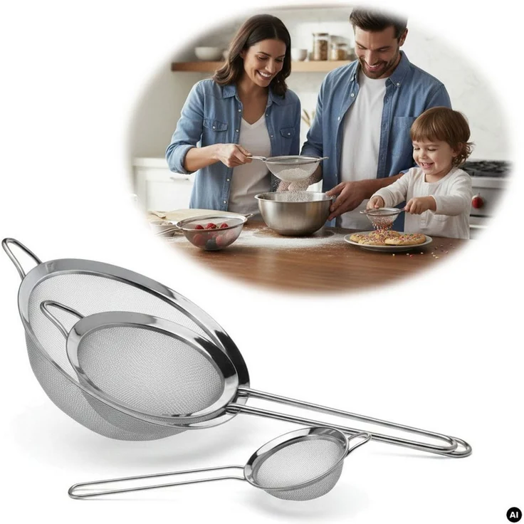 LS-LebenStil Küchensieb Edelstahl Siebe 3´er Set 8cm 14cm 20cm mit Aufhängeösen, Edelstahl, (Abtropfsieb Passiersieb Mehlsieb Teesieb mit Aufhängeöse, 3-St, Küchensieb Set mit 8 cm 14 cm 20 cm Siebdurchmesser), Nudelsieb Feines Haarsieb Mehlsieb für Kü... – Bild 1