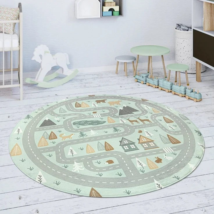 KADIMA DESIGN Kinderteppich waschmaschinenwaschbar Waldwege‑Muster Kinderzimmer Kinderteppich, Rund, Höhe: 4 mm, 100% Polyester, Rücken aus Felt + Dots, Rund, 120Dcm, Türkis – Bild 4