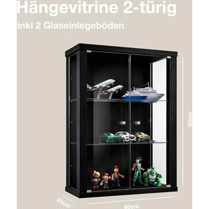 K-Möbel Hängevitrine, Glas, Schwarz, 2 Fächer, Rechteckig, 60x80x25 cm, für Wohnzimmer und Wohnwände – Bild 2