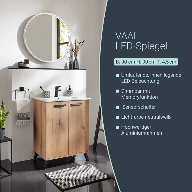 BADEDU VAAL LED Spiegel Ø 90 cm, rund, Weiß, Sensor – Bild 2