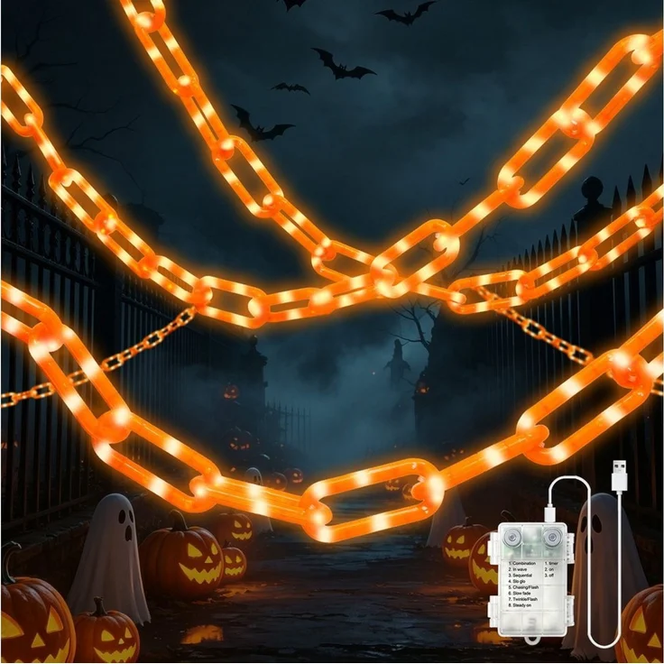 OZAVO LED-Lichterkette Halloween Lichterkette 3,2 m mit 175 LEDs, 8 Lichtmodi &Timer-Funktion, USB & Batteriebetrieben,Halloween Deko für Garten, Veranda, Spukhaus – Bild 1